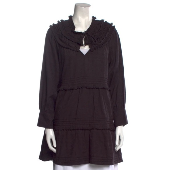 Cleobella- Black Longsleeve Ruffle VNeckline Tassel Tie Mini Dress - Picture 1 of 7